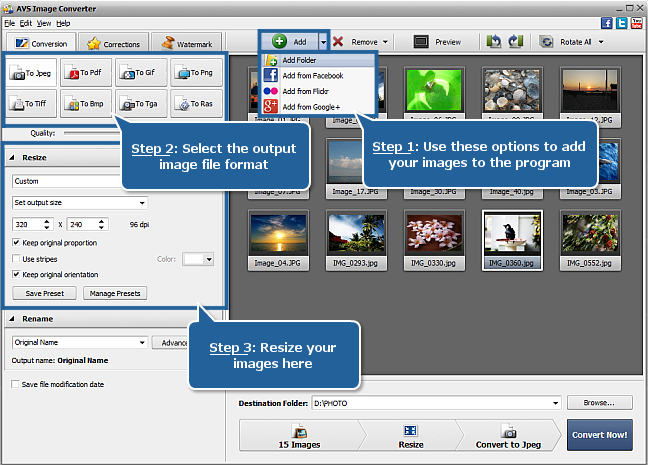 Вкладка Conversion в AVS Image Converter с выбором формата, Resize и Rename