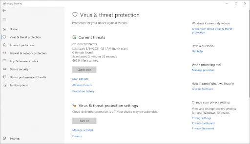 Параметры сканирования в Безопасности Windows