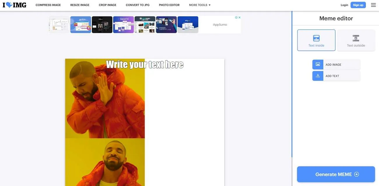 Интерфейс iLoveIMG Meme Generator