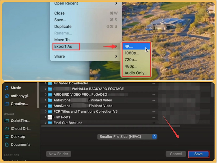 QuickTime Player: меню File → Export As и выбор Smaller File Size HEVC
