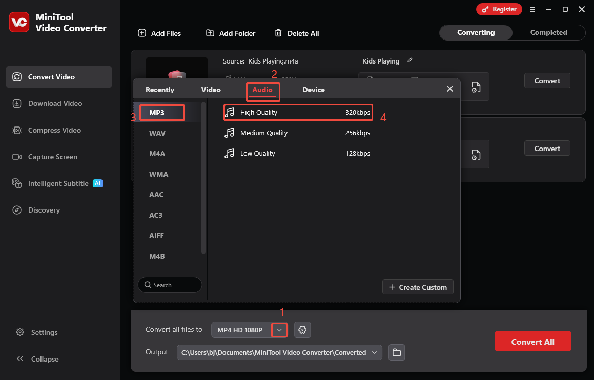 Выбор MP3 во вкладке Audio в MiniTool Video Converter