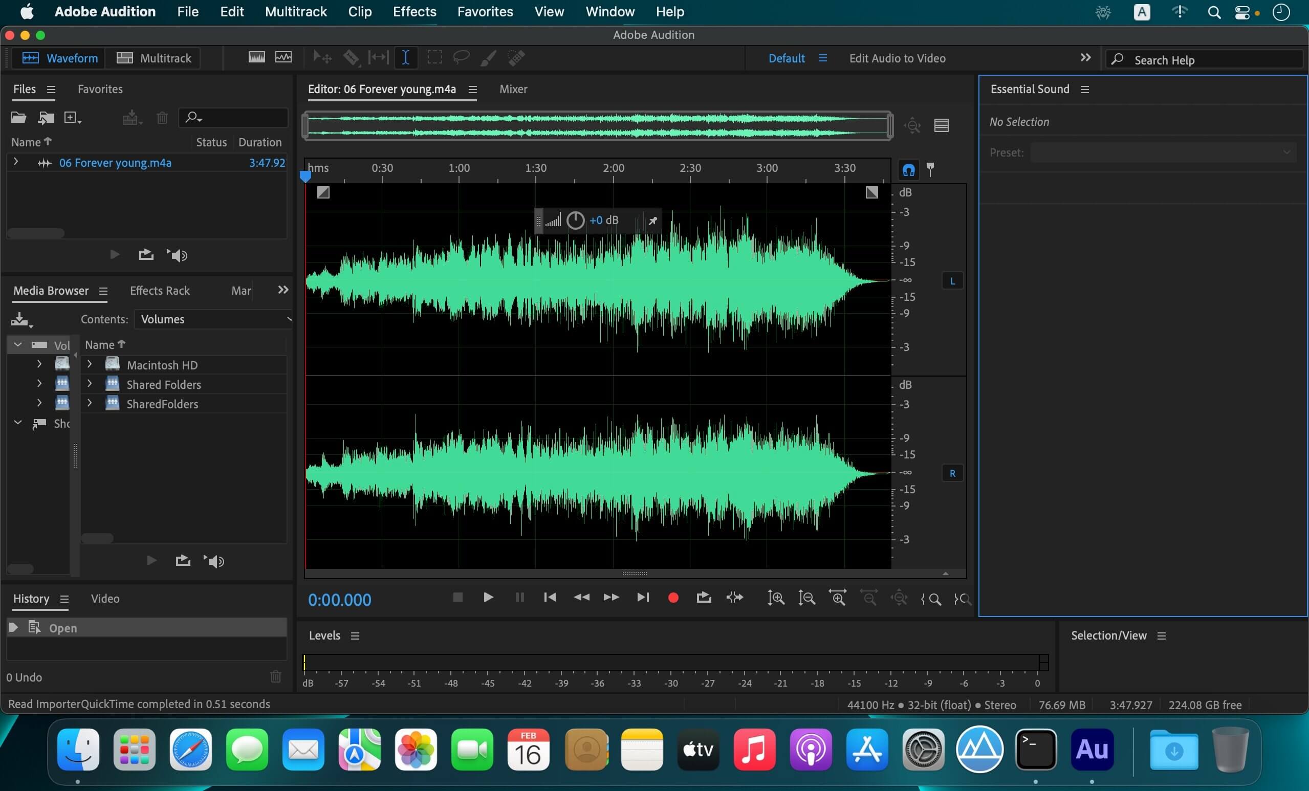 Интерфейс Adobe Audition с Waveform Editor и волновой формой аудиозаписи