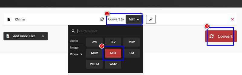 CloudConvert: выбор MP4 и кнопка Convert