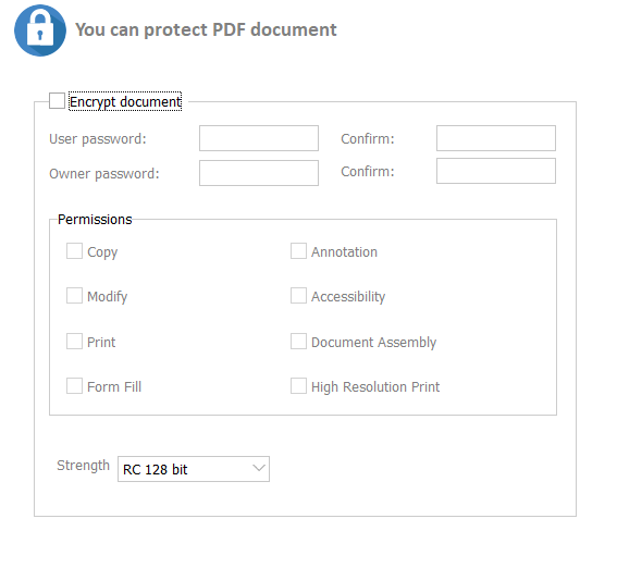 Окно защиты PDF в PDF Combine: пароли и разрешения