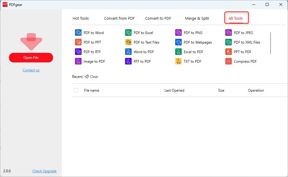 Раздел All Tools в PDFgear с конвертерами PDF to Word, Excel, PNG, JPEG и другими направлениями