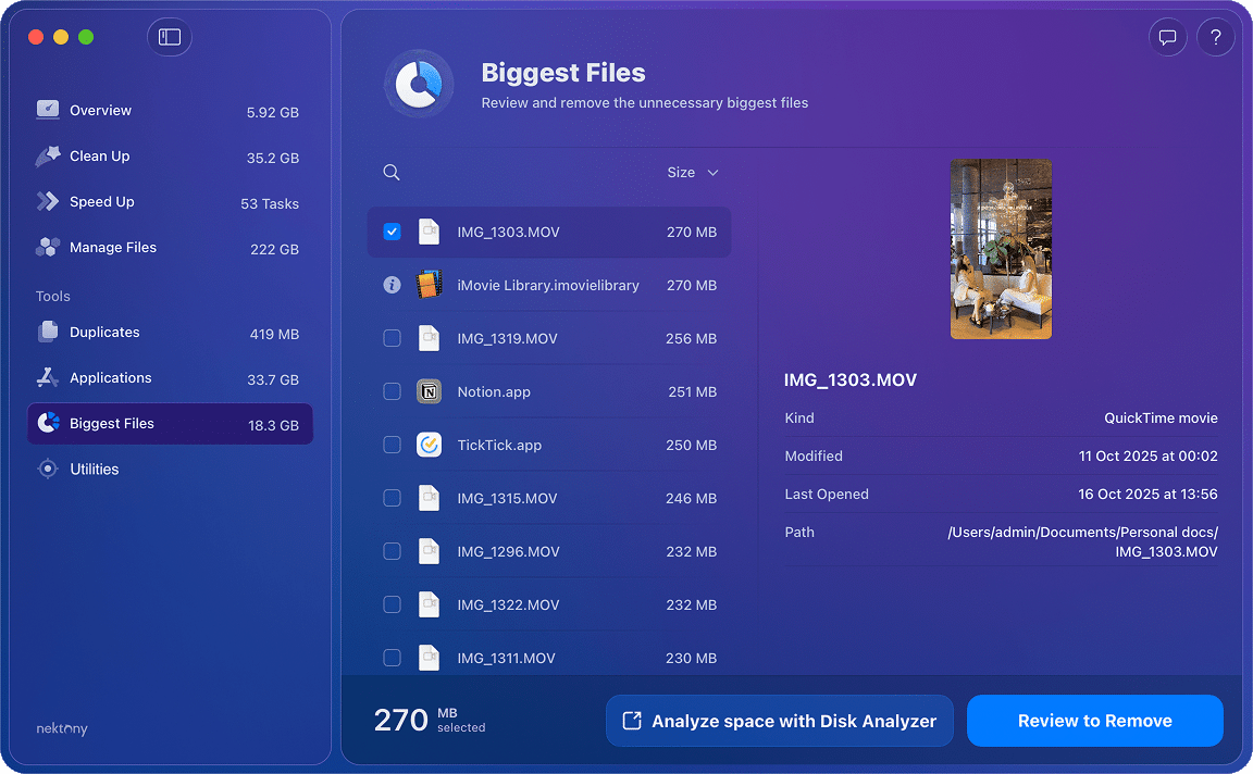 Раздел Biggest Files в MacCleaner Pro с сортировкой крупных файлов и кнопками Analyze space with Disk Analyzer и Review to Remove