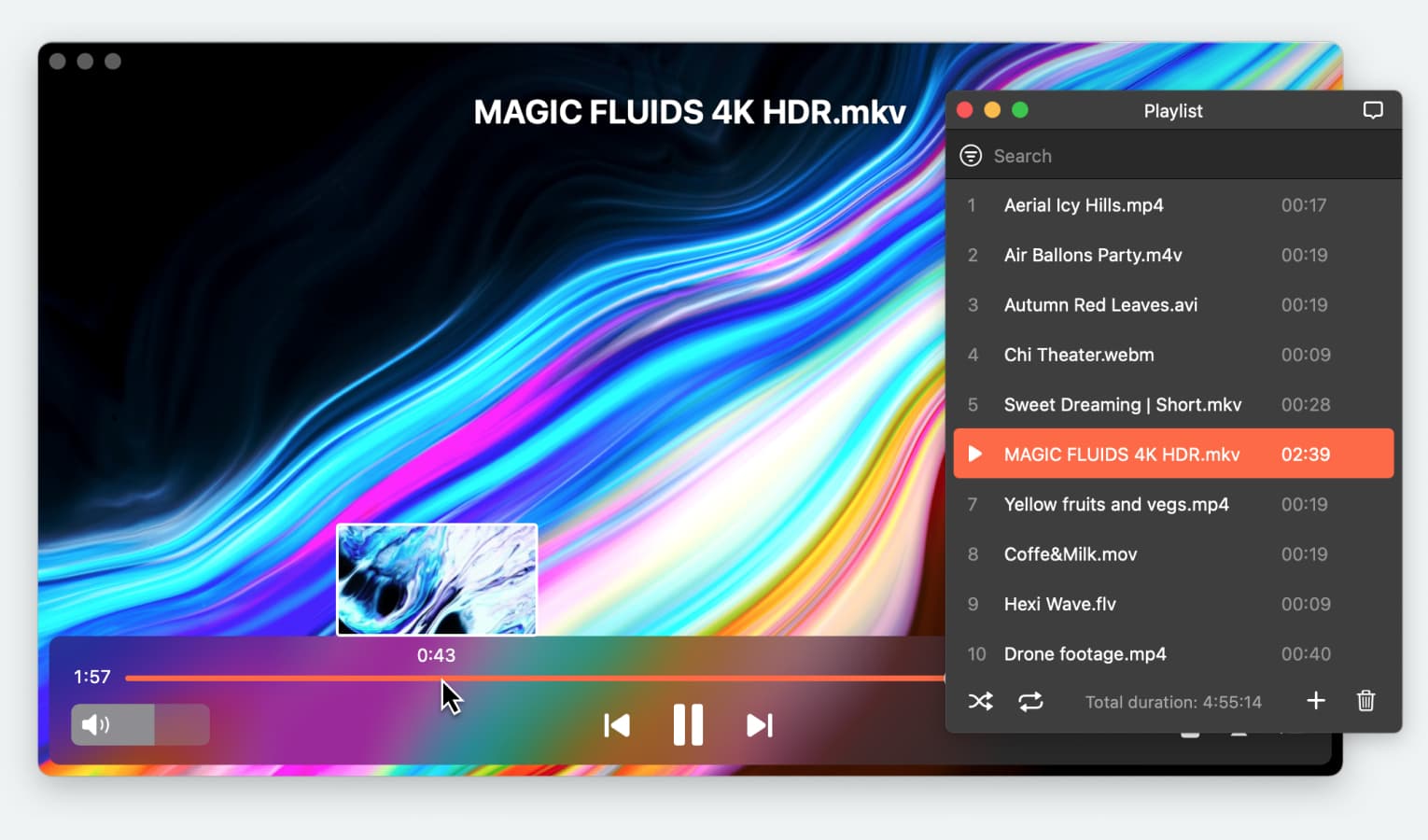 Интерфейс Elmedia Player с прогресс-баром, элементами воспроизведения и списком файлов