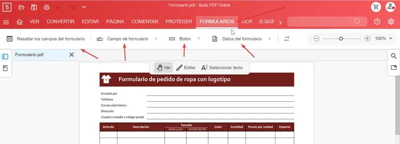 Soda PDF Online: инструменты формы в браузере