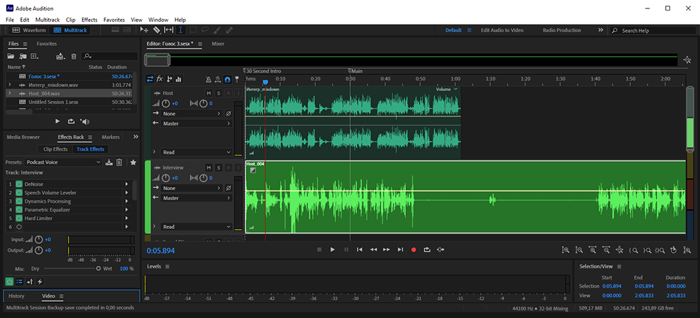 Adobe Audition: многодорожечный рабочий интерфейс