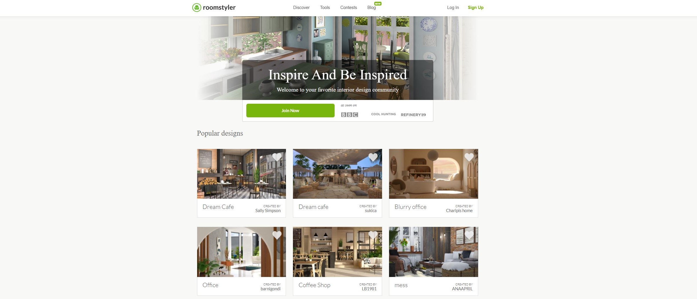 Главная страница Roomstyler с популярными дизайнами и входом в интерьерное сообщество