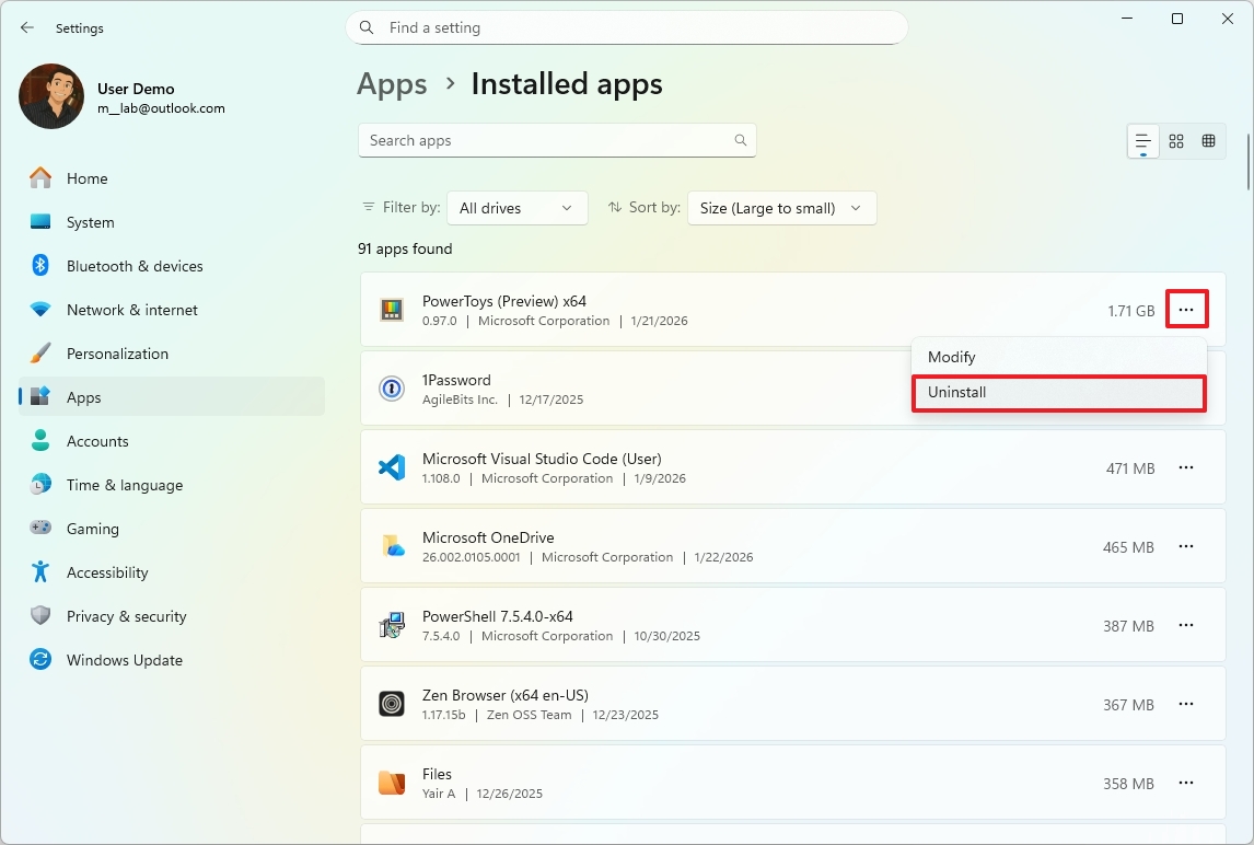 Команда удаления приложения Windows 11