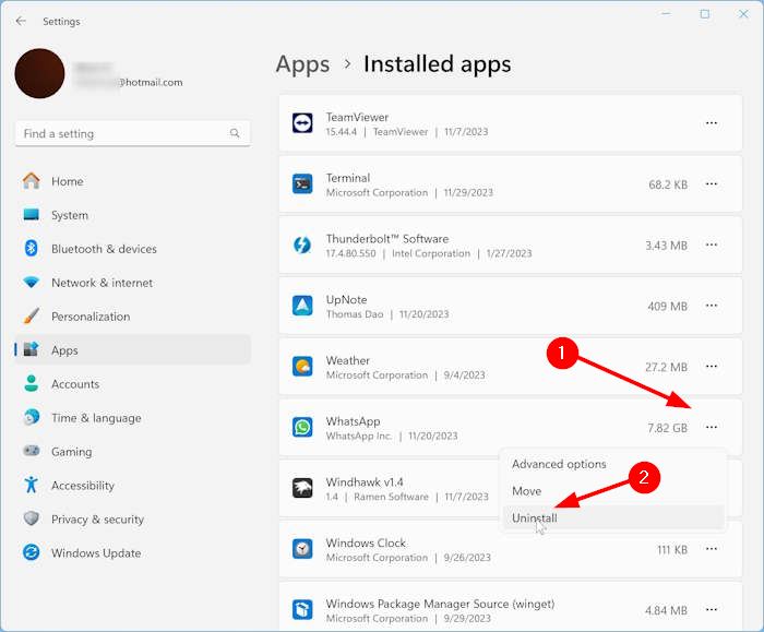 WhatsApp в списке установленных приложений Windows 11 и команда удаления