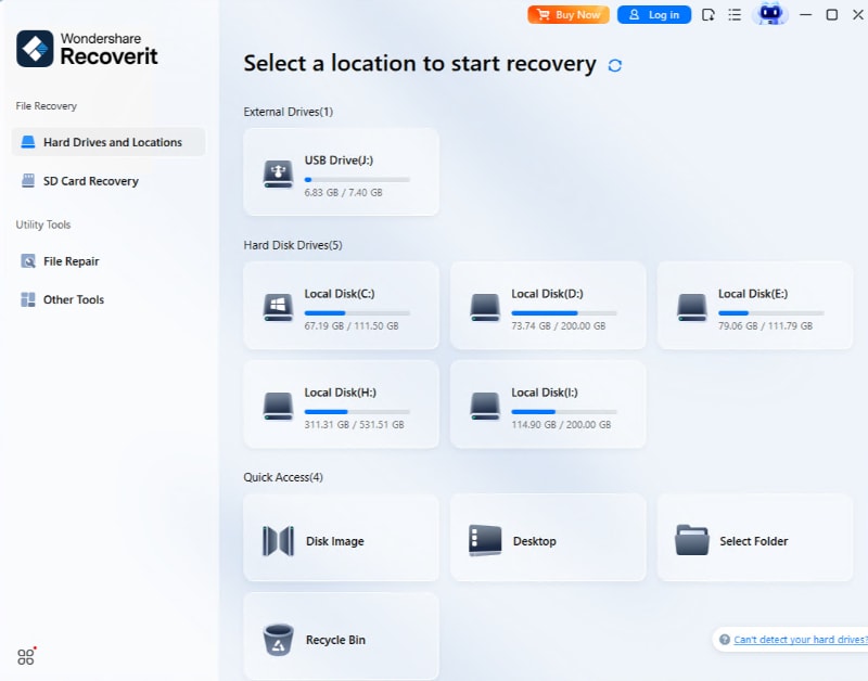 Интерфейс Wondershare Recoverit