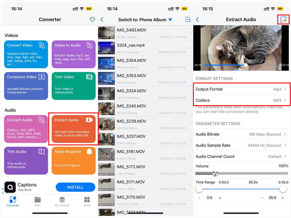 Интерфейс Media Converter на iPhone с выбором файла и параметров