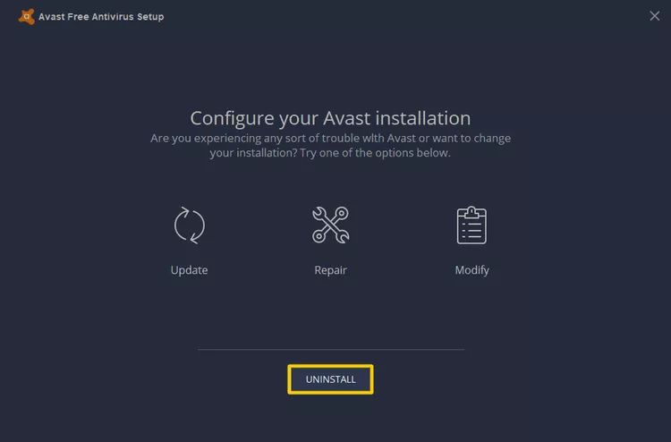 Подтверждение удаления Avast в штатном мастере