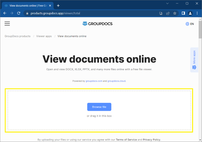 Интерфейс GroupDocs Viewer с кнопкой Browse file и областью загрузки