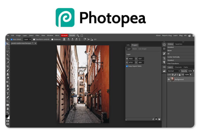 Рабочее окно Photopea со слоями и инструментами редактирования