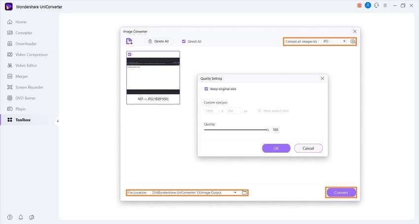 Выбор JPG и запуск преобразования в Wondershare UniConverter