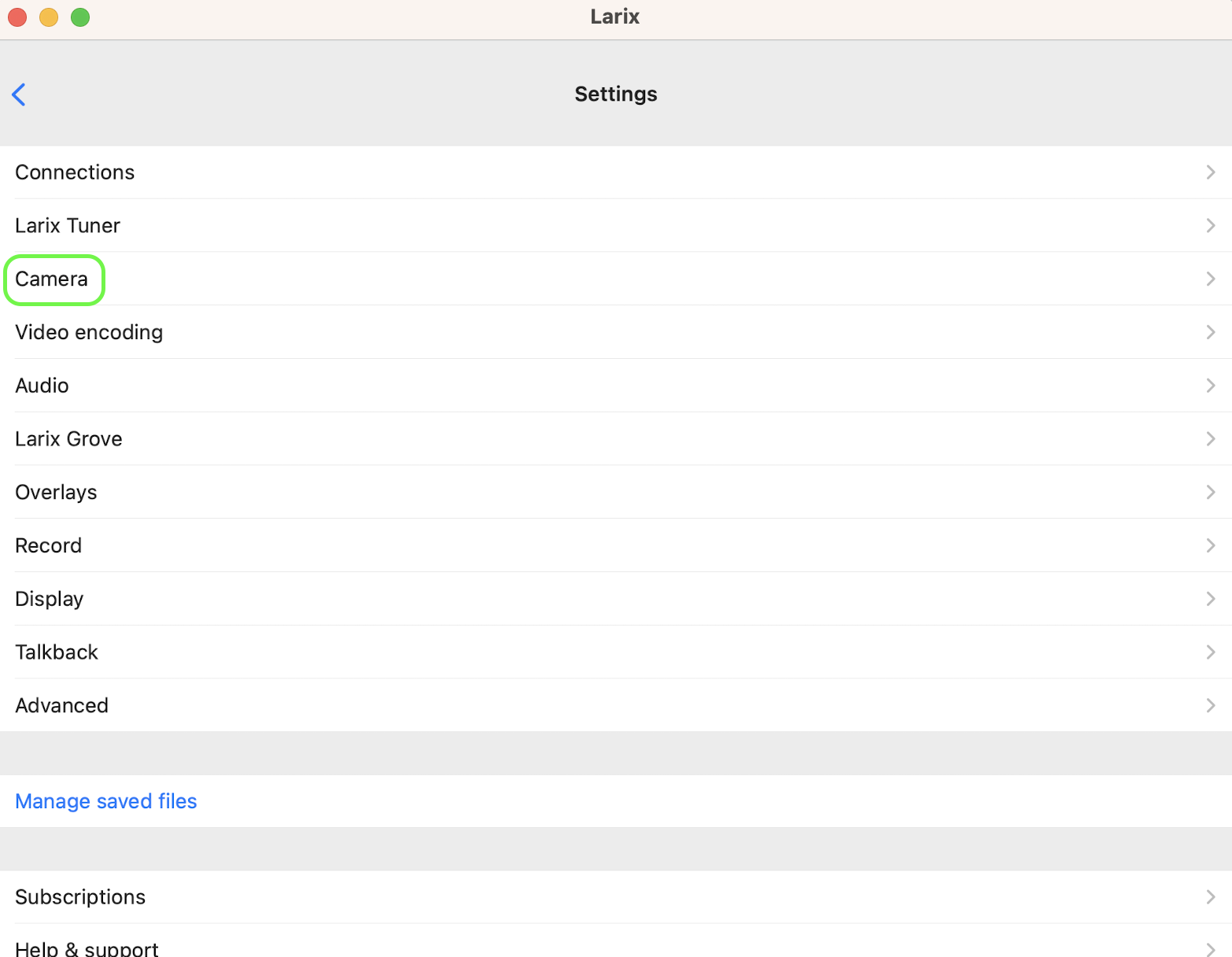 Раздел Settings в Larix Broadcaster с параметрами подключения, камеры, видео и звука