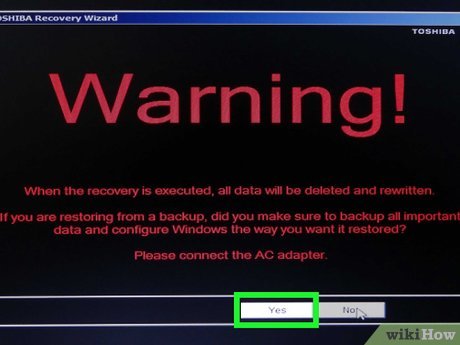Предупреждение Toshiba Recovery Wizard о заводском восстановлении