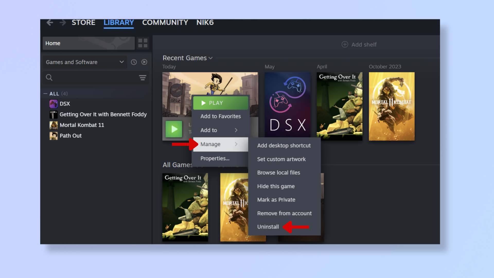 Steam Library с меню Manage и командой Uninstall