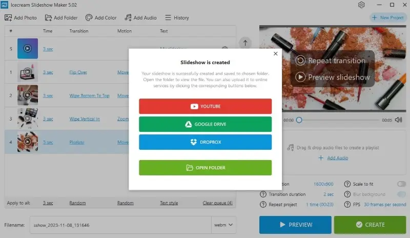 Окно после создания слайд-шоу: кнопки YouTube, Google Drive, Dropbox и Open Folder