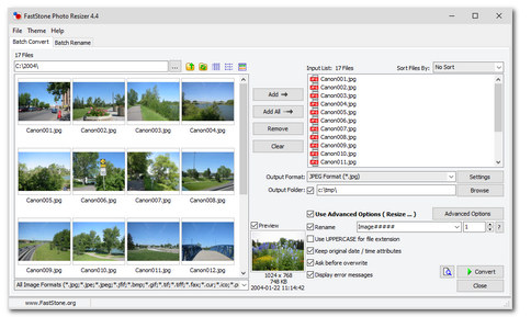 Главное окно FastStone Photo Resizer с вкладками Batch Convert и Batch Rename
