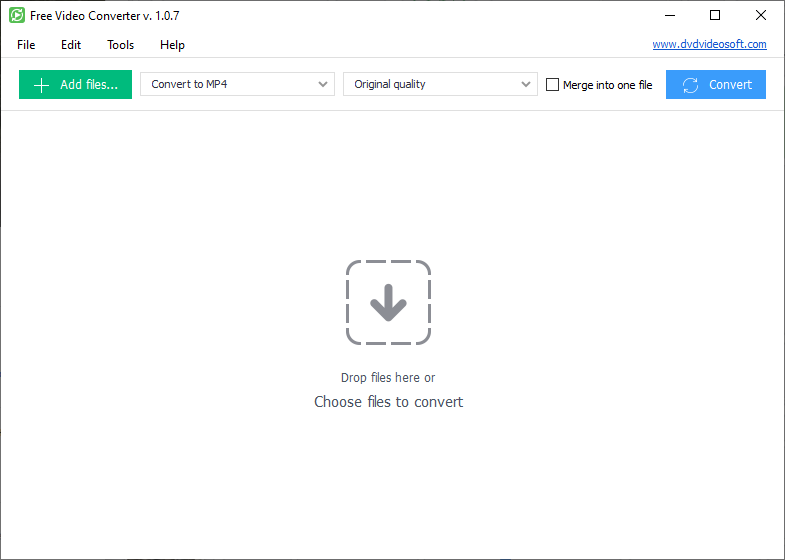 Главное окно DVDVideoSoft Free Video Converter с кнопкой Add files, выбором формата, качеством Original quality и кнопкой Convert