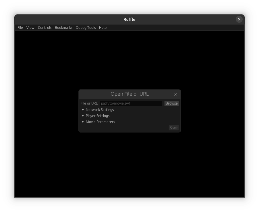 Ruffle в Linux: окно Open File or URL