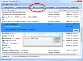 Окно Find в Absolute Uninstaller для поиска программы по названию