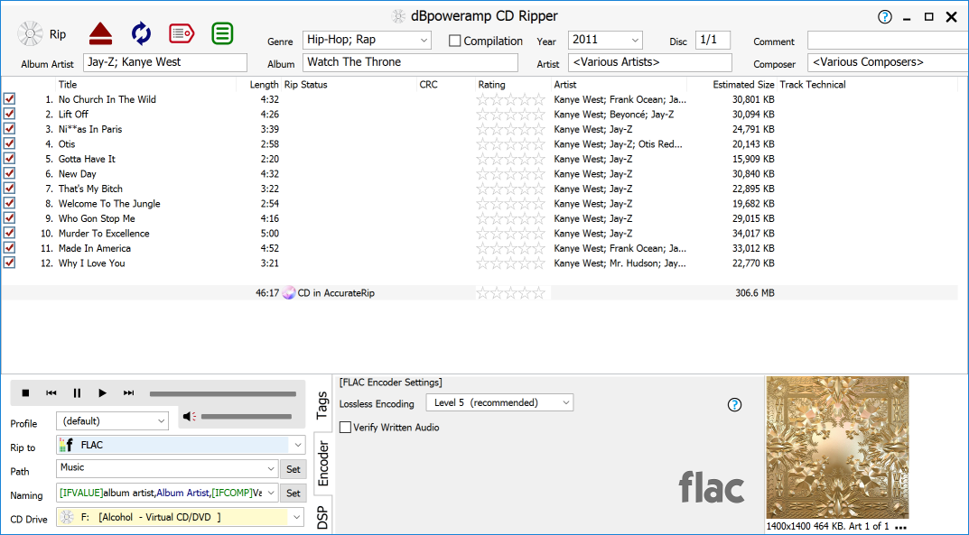 Интерфейс dBpoweramp CD Ripper с выбранным FLAC Encoder