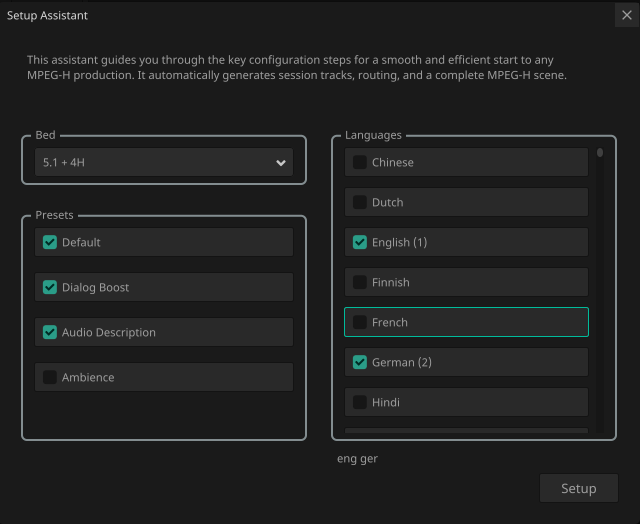 Окно Setup Assistant MPEG-H Renderer в Avid Pro Tools