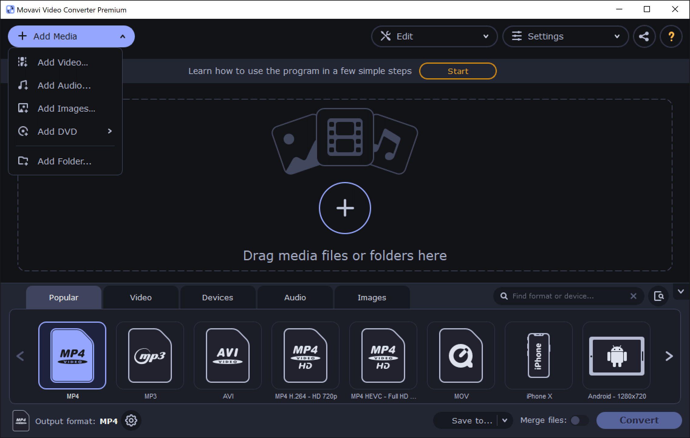 Добавление MKV в Movavi Video Converter