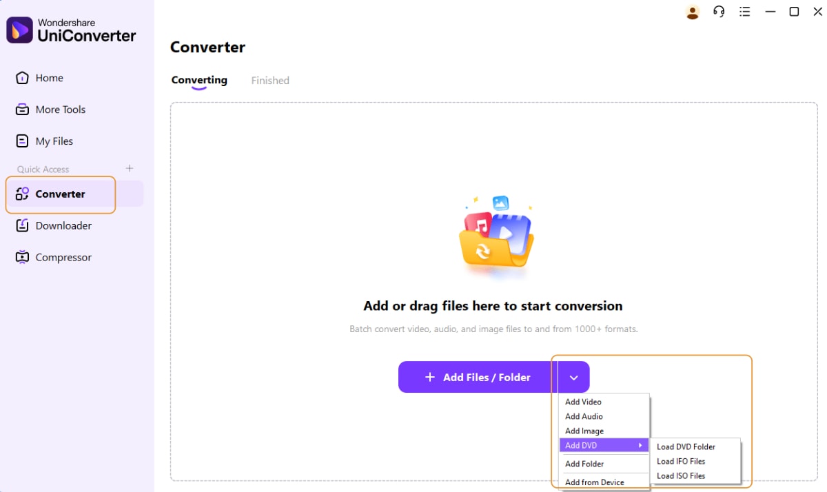 Добавление DVD в Wondershare UniConverter