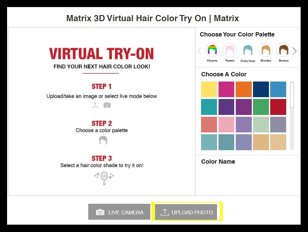 Matrix Virtual Hair Color Try-On: загрузка фотографии и выбор палитры оттенков