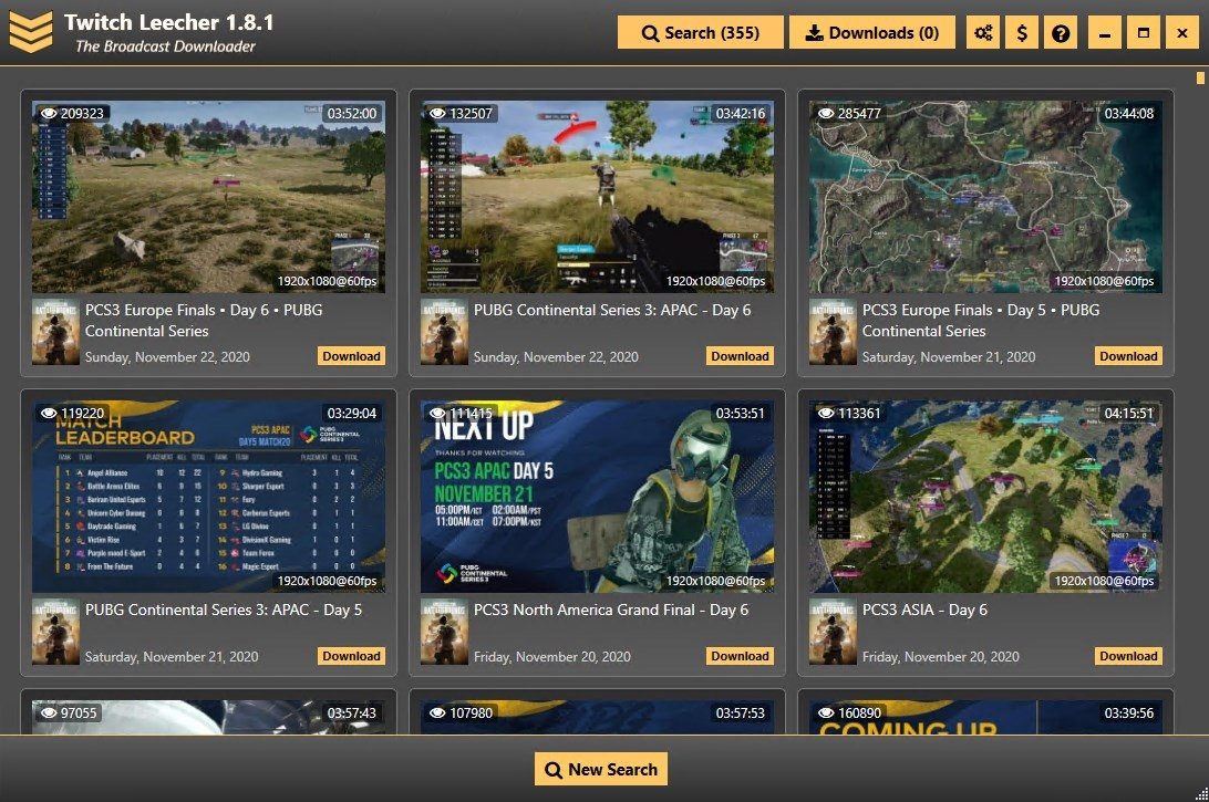 Раздел Downloads в Twitch Leecher: активная загрузка, очередь и кнопка Open Download Folder
