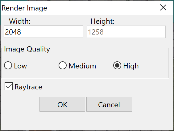 Диалог Render Image в Object Viewer DataCAD с настройками ширины, высоты, качества и Raytrace