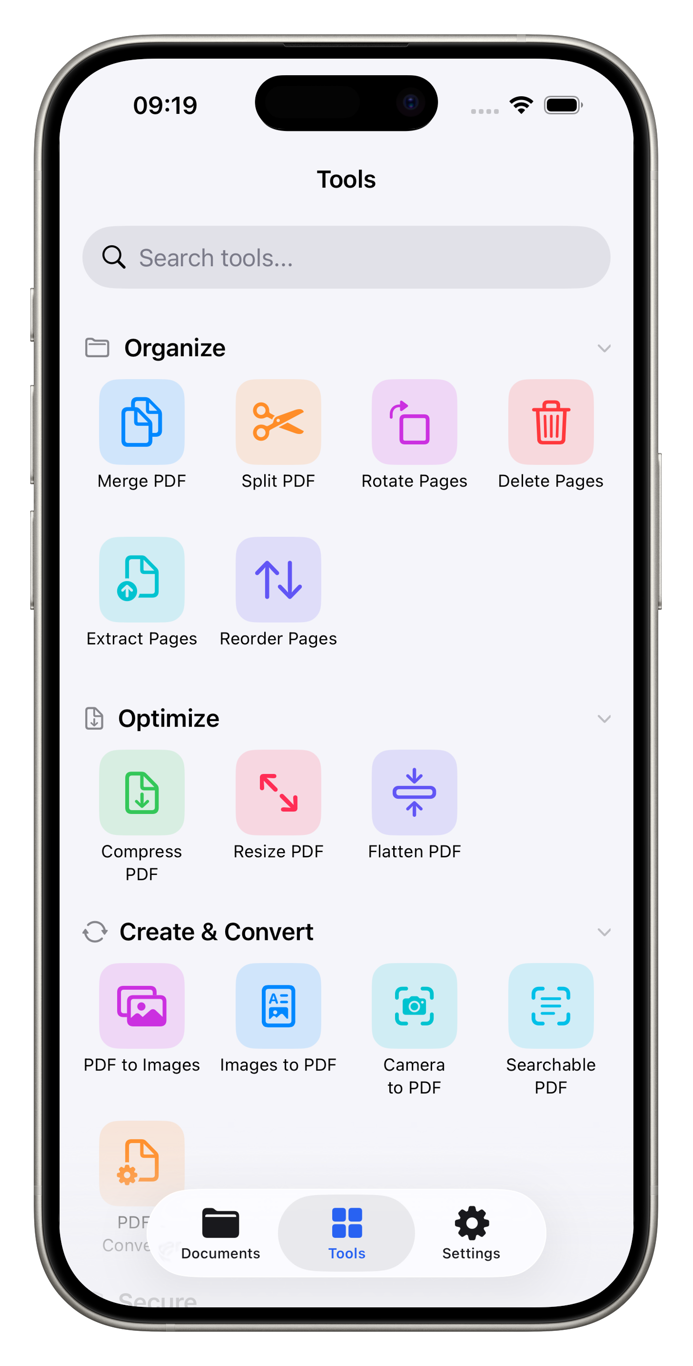 Вкладка Tools в PDF Toolbox на iPhone
