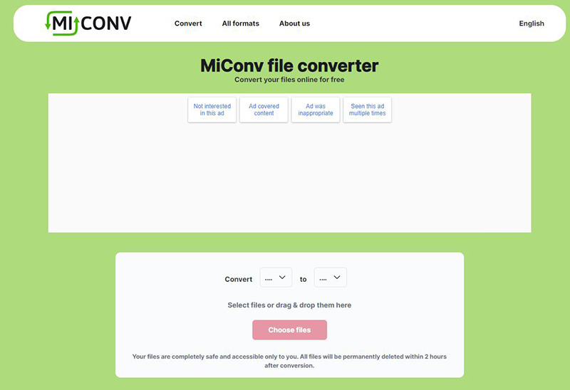 Интерфейс MiConv с двумя селекторами форматов и кнопкой Choose files