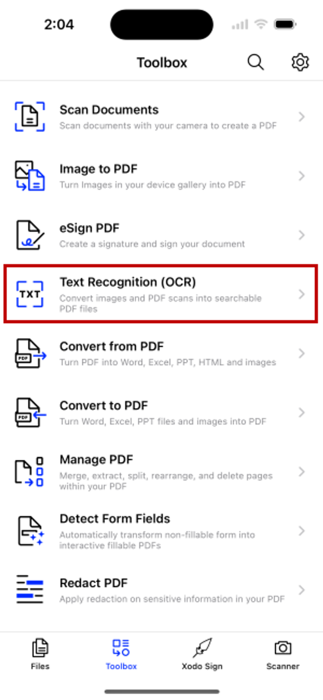 Xodo на iPhone: пункт Text Recognition (OCR) в Toolbox
