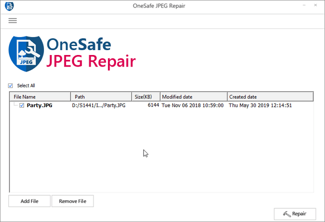 Интерфейс OneSafe JPEG Repair