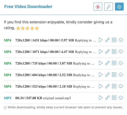 Окно VideoPlus со списком обнаруженных видеопотоков