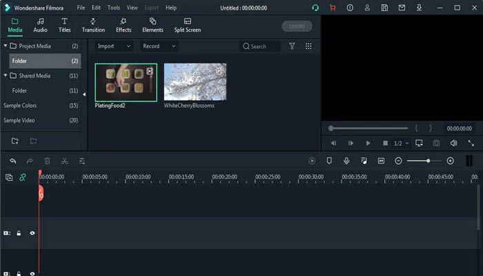 Интерфейс Filmora с Project Media и монтажной шкалой