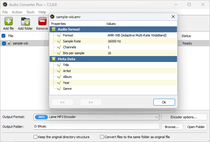 Audio Converter Plus с AMR-WB-файлом и выходным MP3