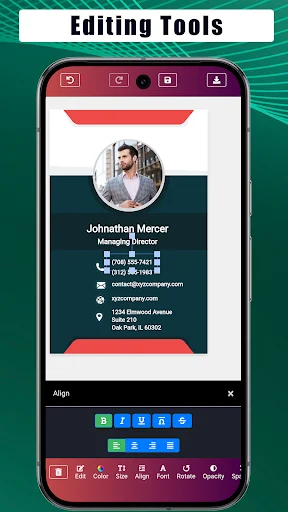 Интерфейс Business Card Maker Visit card с настройками текста и элементов визитки