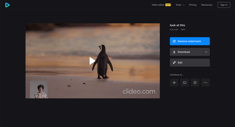 Готовый результат после экспорта видео в Clideo