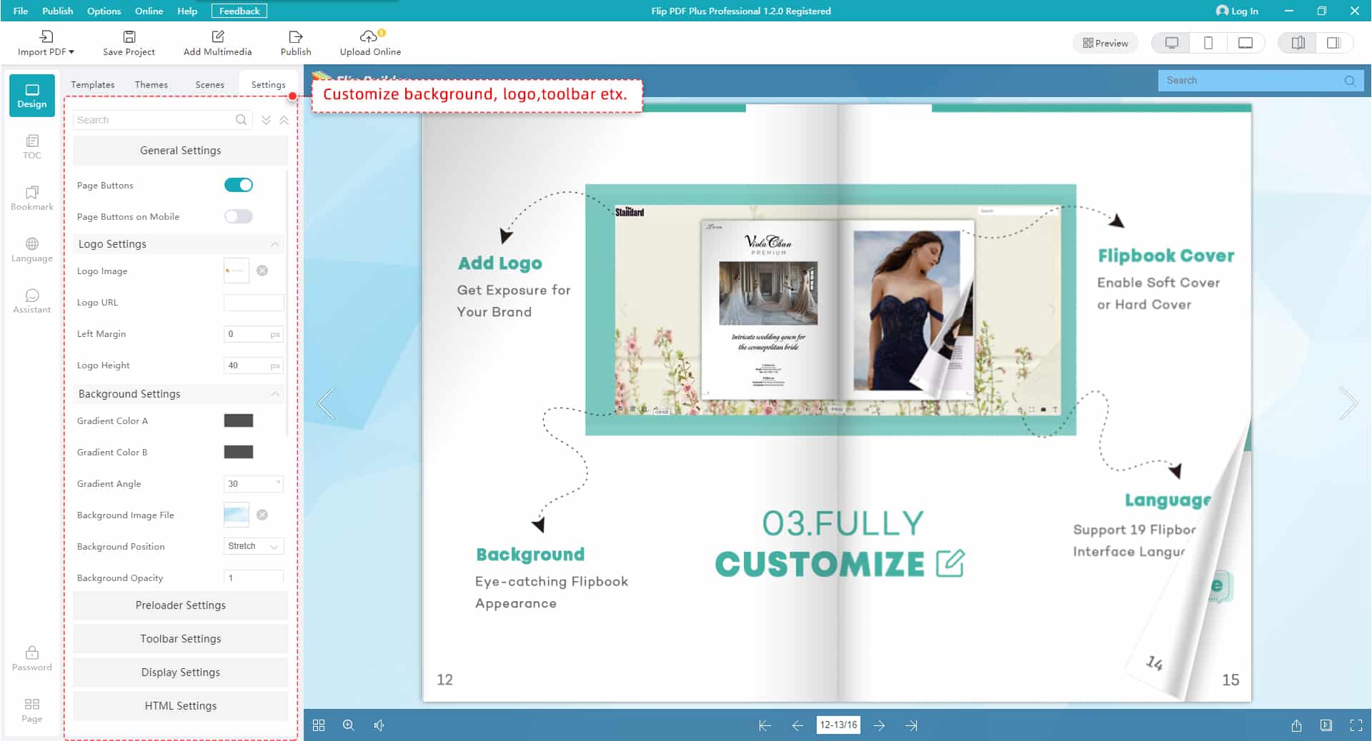 Настройка фона, логотипа и панели в Flip PDF Plus Pro
