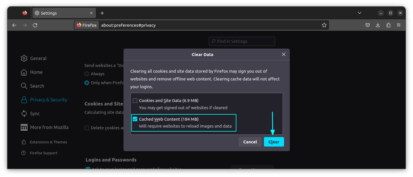 Окно Clear Data в Firefox с выбранным только кэшированным веб-содержимым