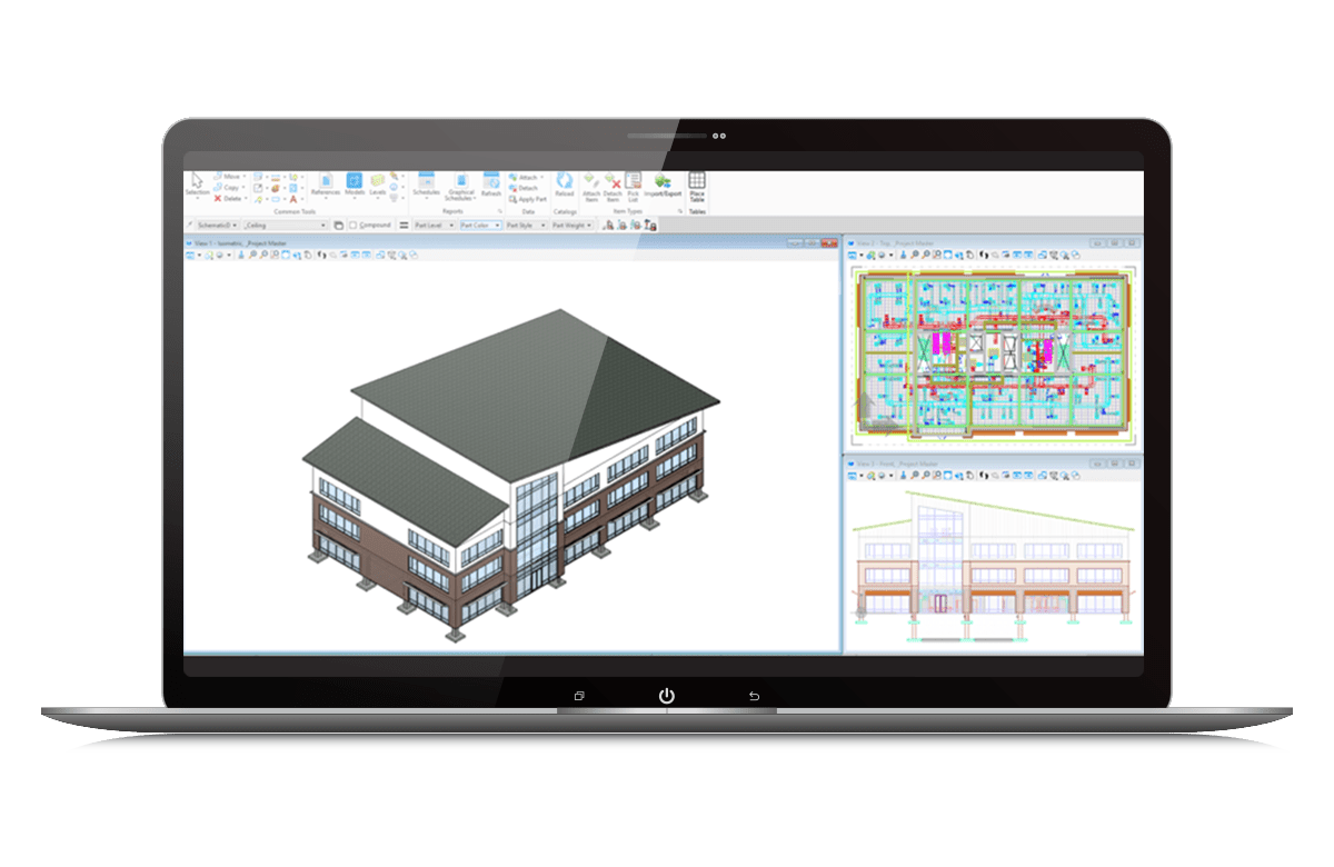 Интерфейс Bentley OpenBuildings Designer с моделью и чертежами