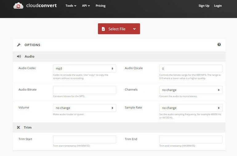 CloudConvert: настройки аудиокодека, каналов, частоты дискретизации и обрезки
